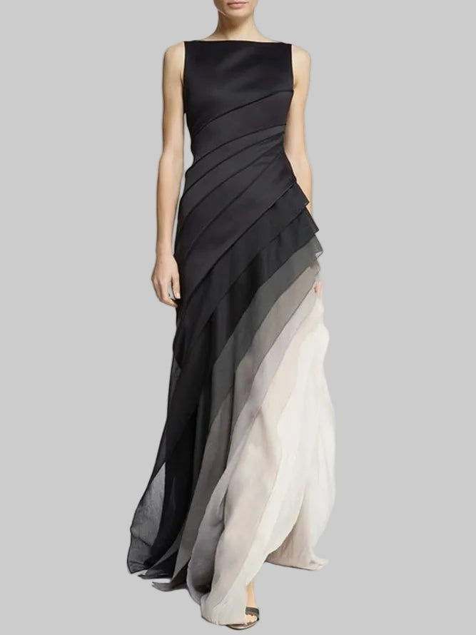 Damska Sukienka Maxi Bez Rękawów z Dekoltem Łódka i Ukośnymi Warstwowymi Panelami