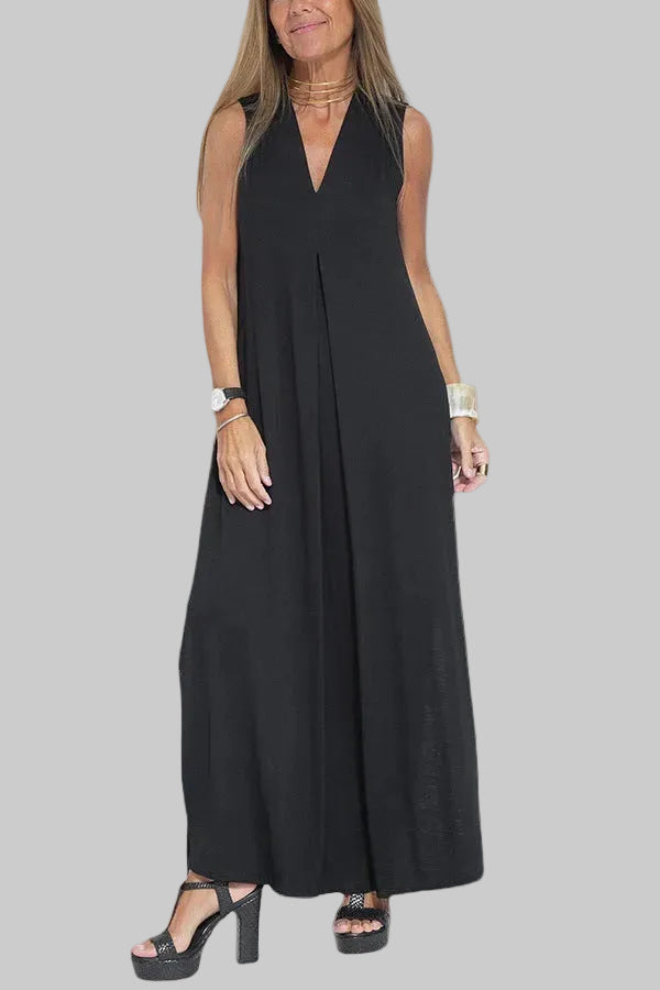 Damska Sukienka Maxi bez Rękawów z Głębokim Dekoltem V i Rozcięciem