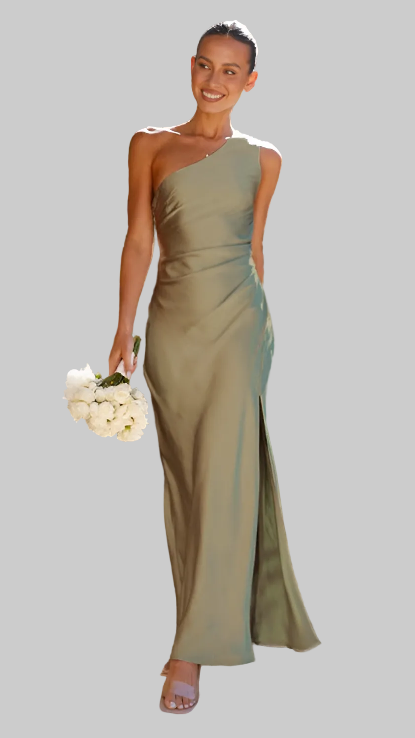 Damska Sukienka Maxi na Jedno Ramię z Marszczeniami i Rozcięciem z Przodu