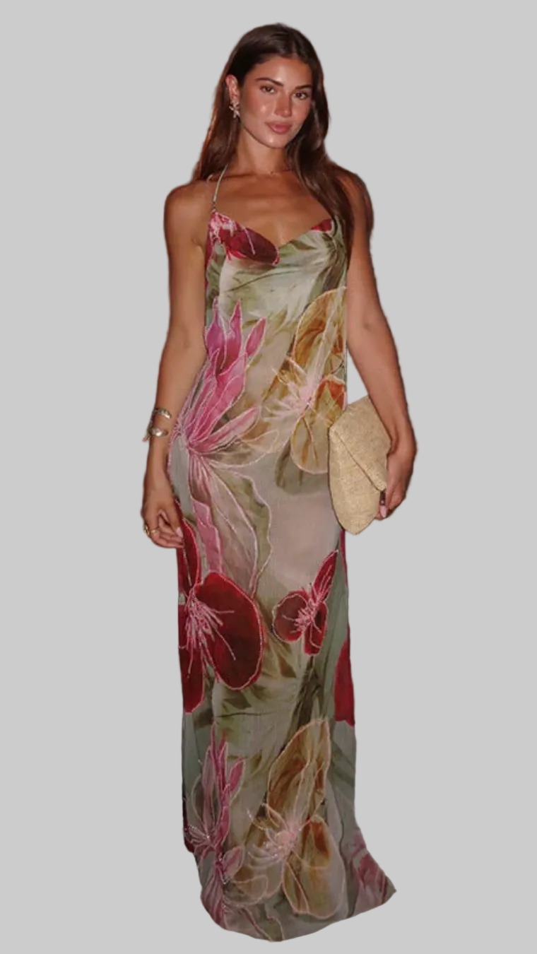 Damska Sukienka Maxi na Ramiączkach z Kwiatowym Wzorem i Rozcięciem