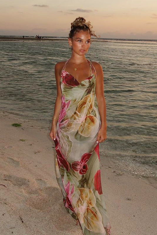 Damska Sukienka Maxi na Ramiączkach z Kwiatowym Wzorem i Rozcięciem