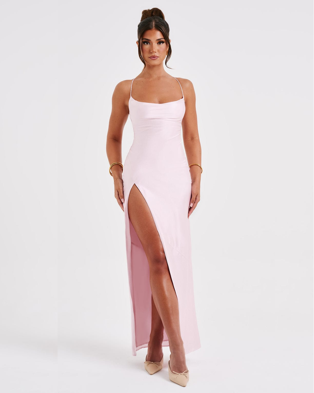 Damska Sukienka Maxi na Ramiączkach z Odkrytymi Plecami i Rozcięciem