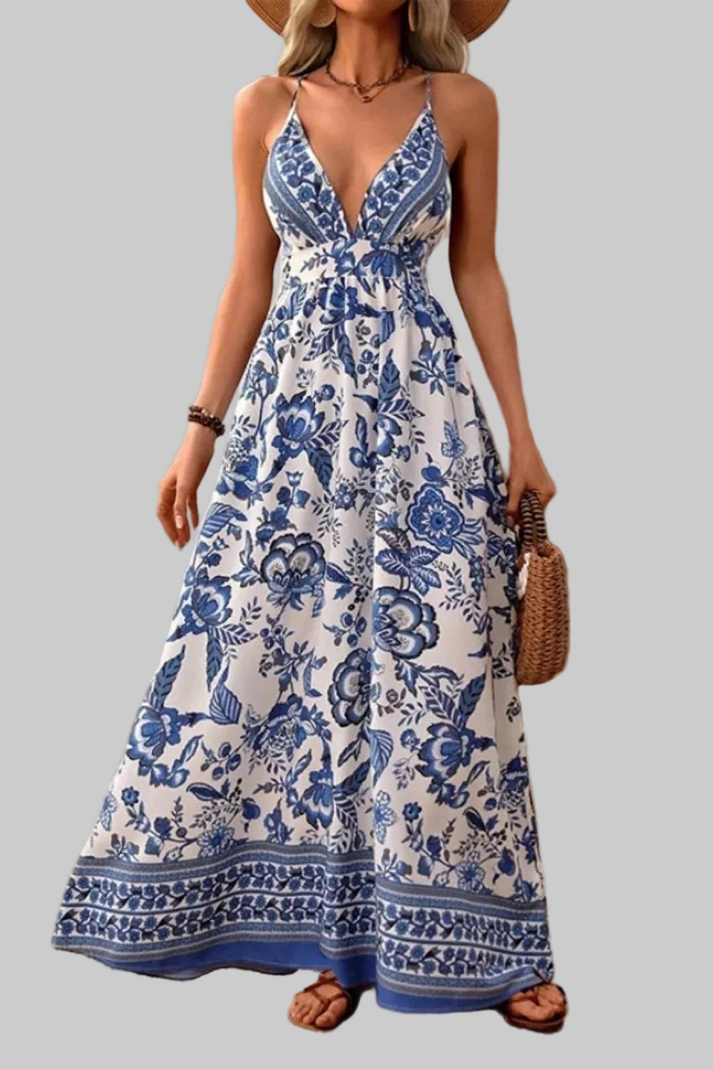 Damska Sukienka Maxi w Kwiaty z Dekoltem V i Krzyżowanymi Ramiączkami