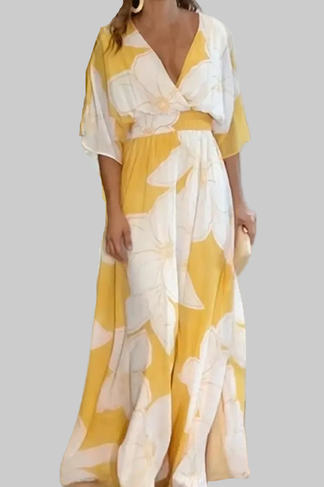 Damska Sukienka Maxi w Kwiaty z Głębokim Dekoltem V i Szerokimi Rękawami