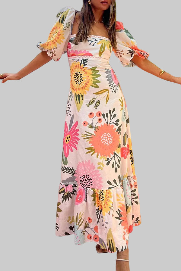Damska Sukienka Maxi w Kwiaty z Kwadratowym Dekoltem i Bufiastymi Rękawami