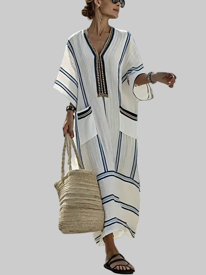 Damska Sukienka Maxi w Paski z Dekoltem w Serek i Szerokimi Rękawami