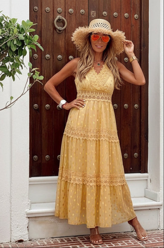 Damska Sukienka Maxi z Dekoltem V z Koronkowymi Wstawkami i Wzorem w Kropki