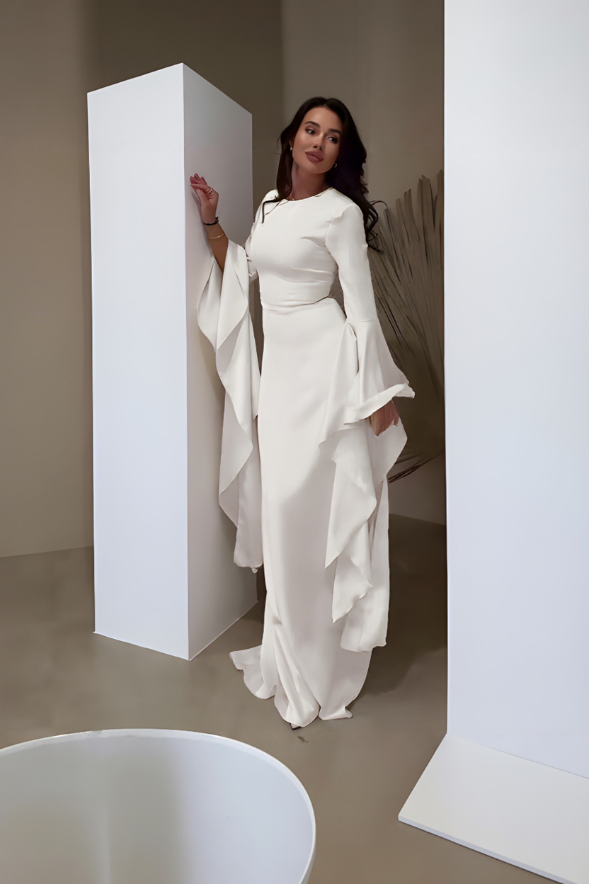 Damska Sukienka Maxi z Długimi Dzwonowymi Rękawami i Okrągłym Dekoltem