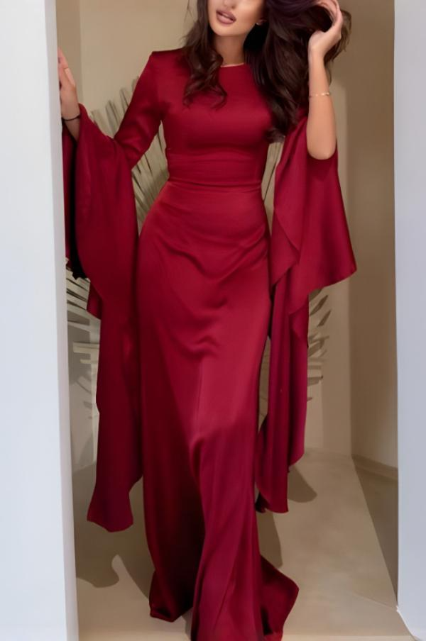 Damska Sukienka Maxi z Długimi Dzwonowymi Rękawami i Okrągłym Dekoltem