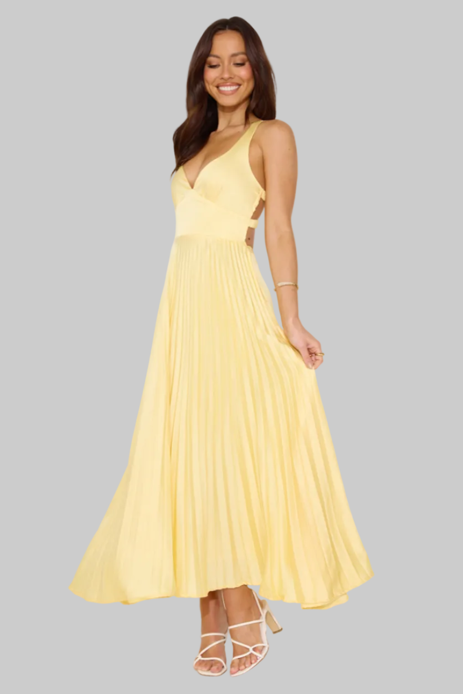 Damska Sukienka Maxi z Głębokim Dekoltem V oraz Plisowaną Spódnicą i Odkrytymi Plecami