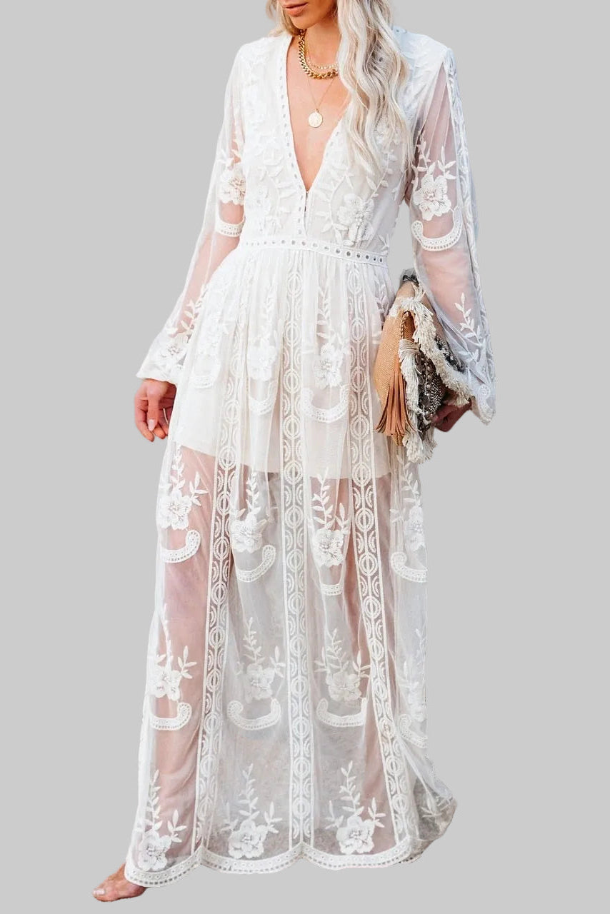 Damska Sukienka Maxi z Koronki z Głębokim Dekoltem V i Rozkloszowanymi Rękawami