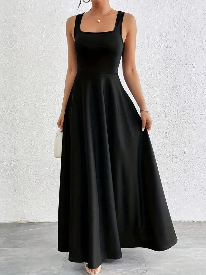 Damska Sukienka Maxi z Kwadratowym Dekoltem Szerokimi Ramiączkami i Rozkloszowanym Dołem