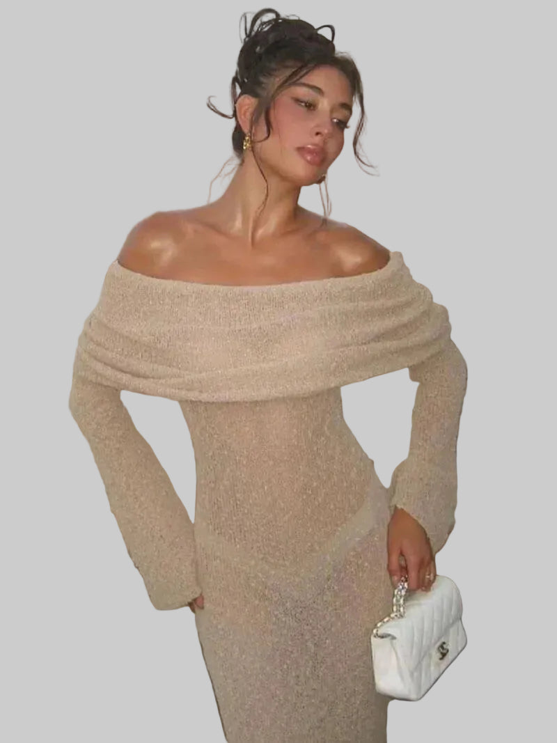 Damska Sukienka Maxi z Opadającymi Ramionami i Długimi Rękawami