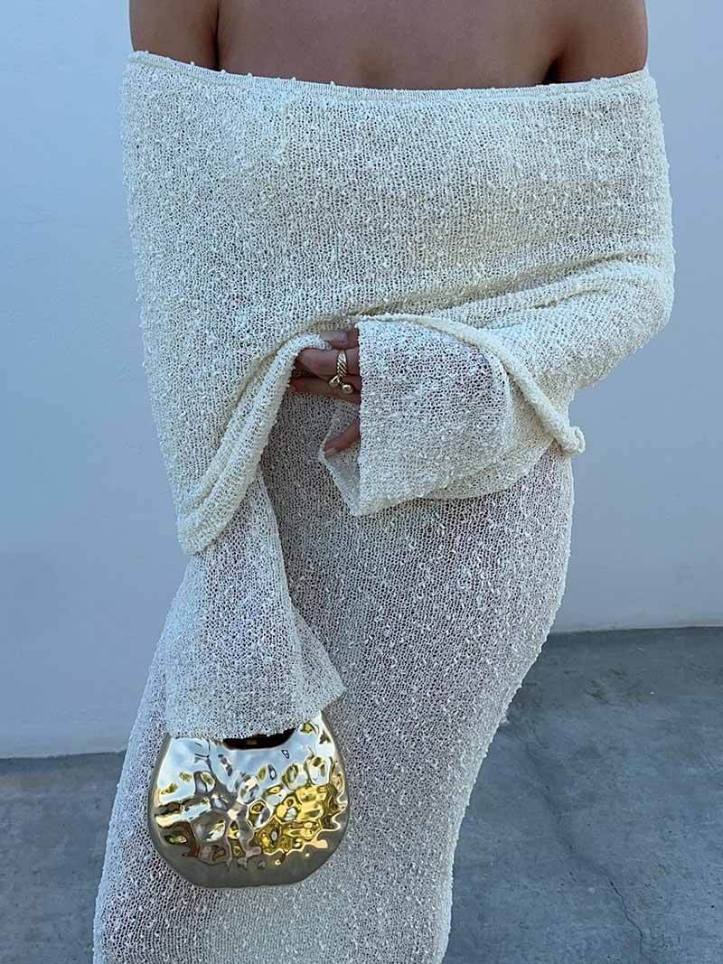 Damska Sukienka Maxi z Opadającymi Ramionami i Długimi Rękawami