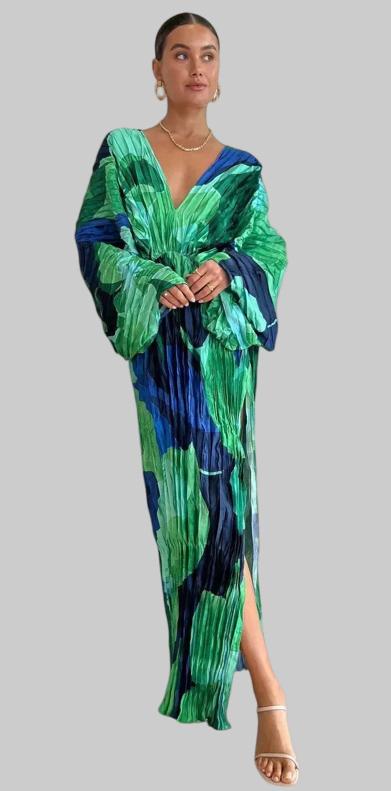 Damska Sukienka Maxi z Plisowaną Powierzchnią Głębokim Dekoltem V i Szerokimi Rękawami