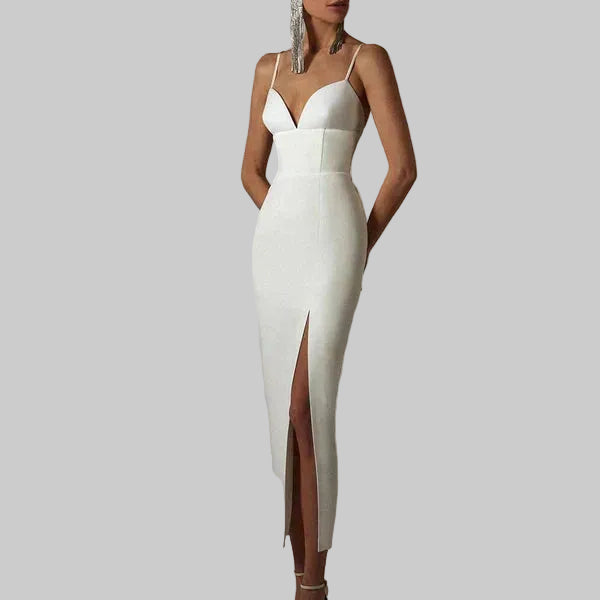 Damska Sukienka Midi na Cienkich Ramiączkach z Dekoltem w Kształcie Serca i Rozcięciem z Przodu