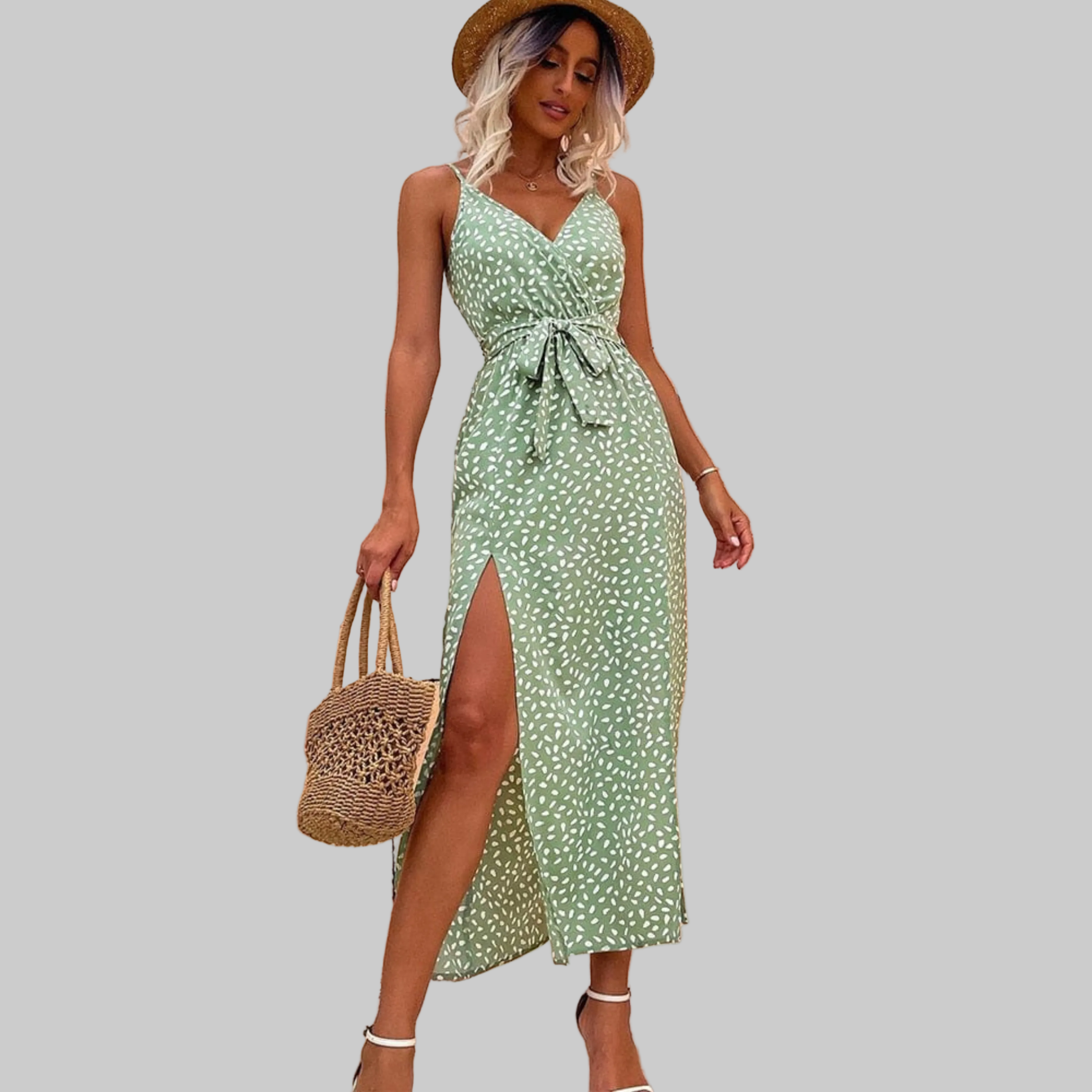 Damska Sukienka Midi na Ramiączkach z Dekoltem V Paskiem i Rozcięciem w Kropki