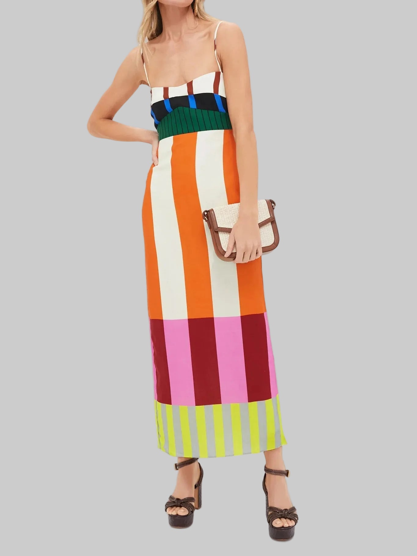 Damska Sukienka Midi w Wielokolorowe Pasy z Cienkimi Ramiączkami