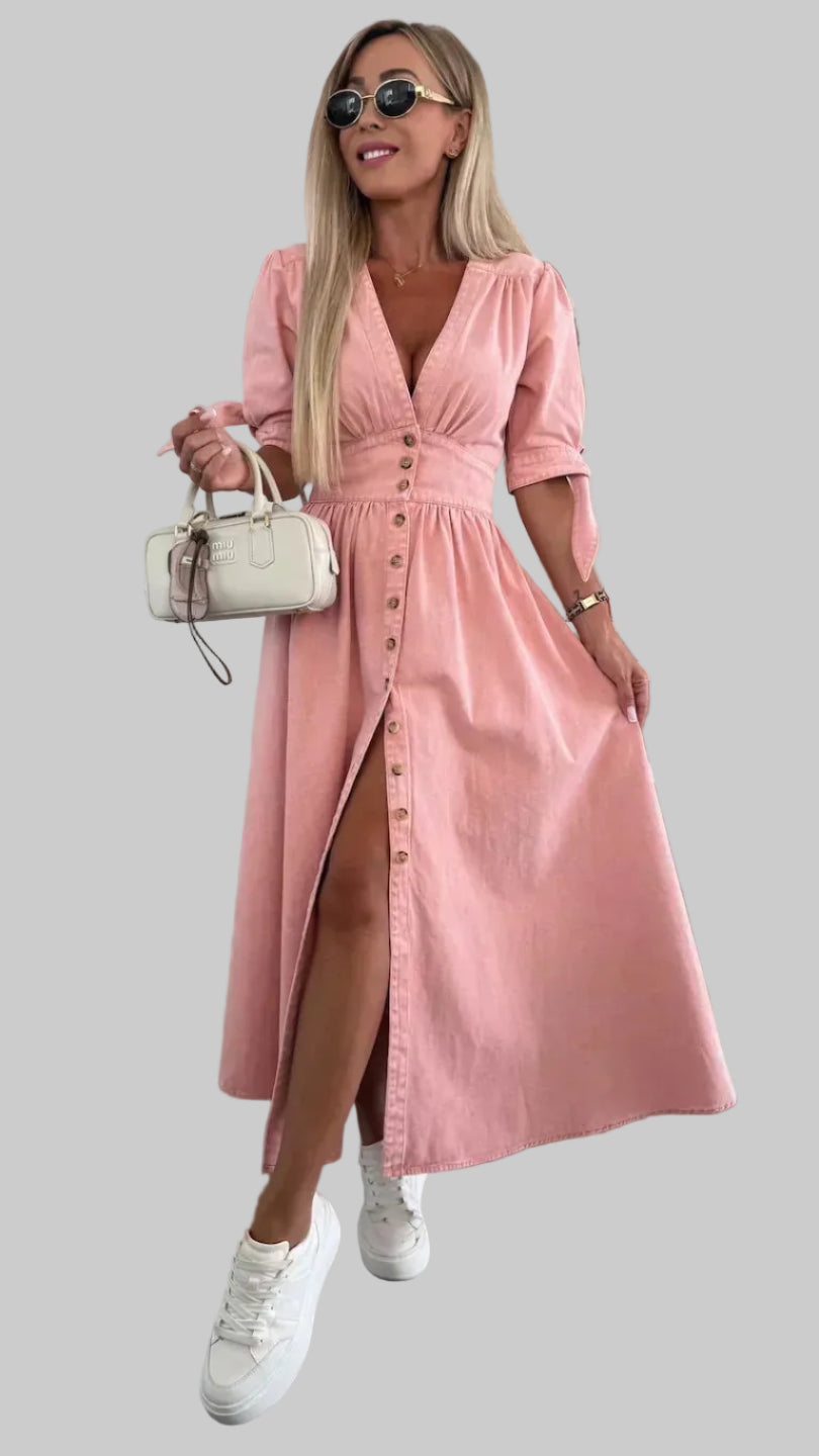 Damska Sukienka Midi z Dekoltem V Guzikami z Przodu i Wiązaniami na Rękawach
