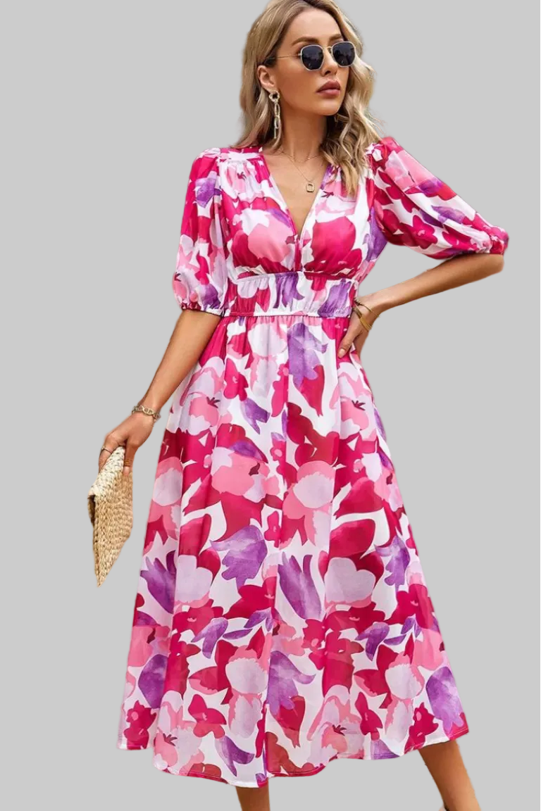 Damska Sukienka Midi z Dekoltem V i Bufiastymi Rękawami