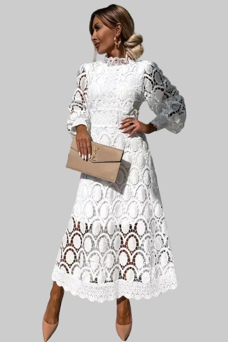 Damska Sukienka Midi z Długimi Rękawami z Ażurowym Wzorem i Wysokim Dekoltem