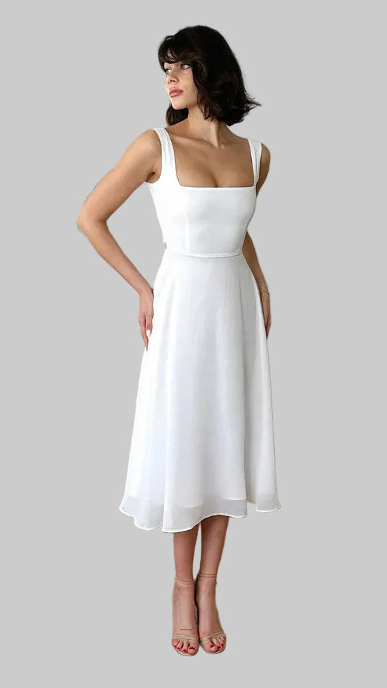 Damska Sukienka Midi z Kwadratowym Dekoltem i Rozkloszowaną Spódnicą