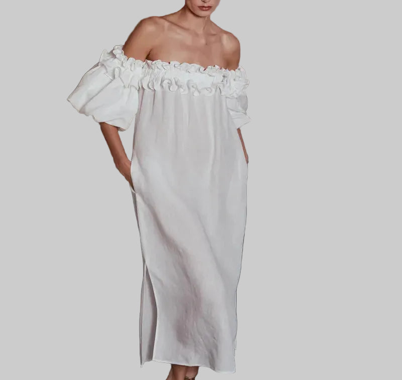 Damska Sukienka Midi z Odsłoniętymi Ramionami Falbaną przy Dekolcie i Rozcięciem z Boku