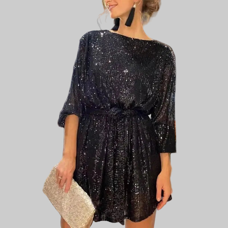Damska Sukienka Mini z Cekinami Okrągłym Dekoltem Rozszerzanymi Rękawami i Paskiem w Talii