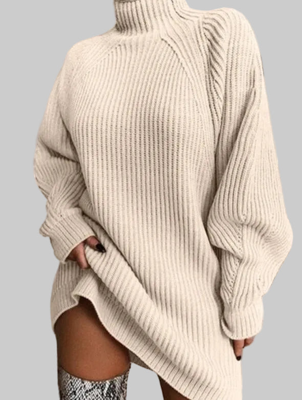 Damska Sukienka Swetrowa z Golfem z Prążkowanym Splotem Mini z Długimi Rękawami