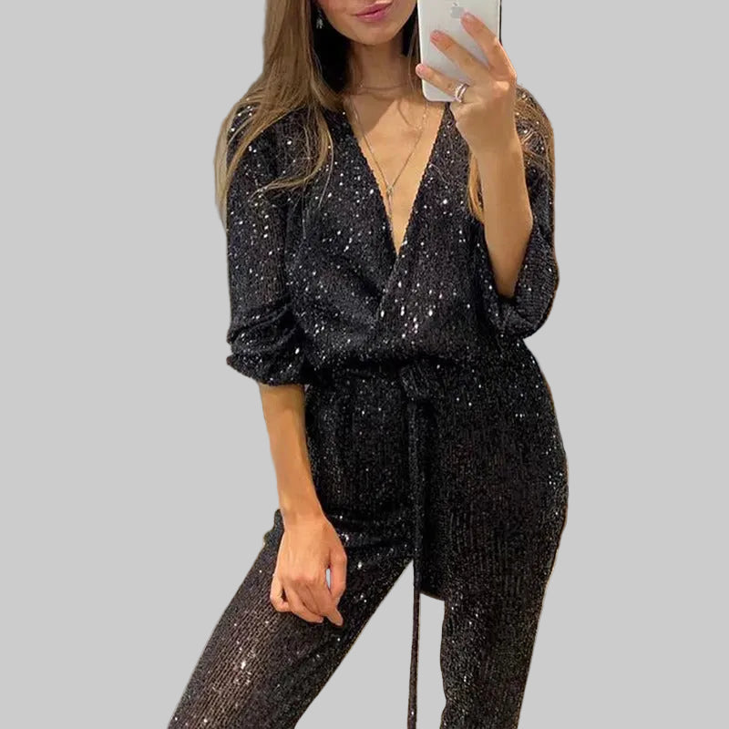 Damski Cekinowy Kombinezon z Głębokim Dekoltem i Paskiem w Talii