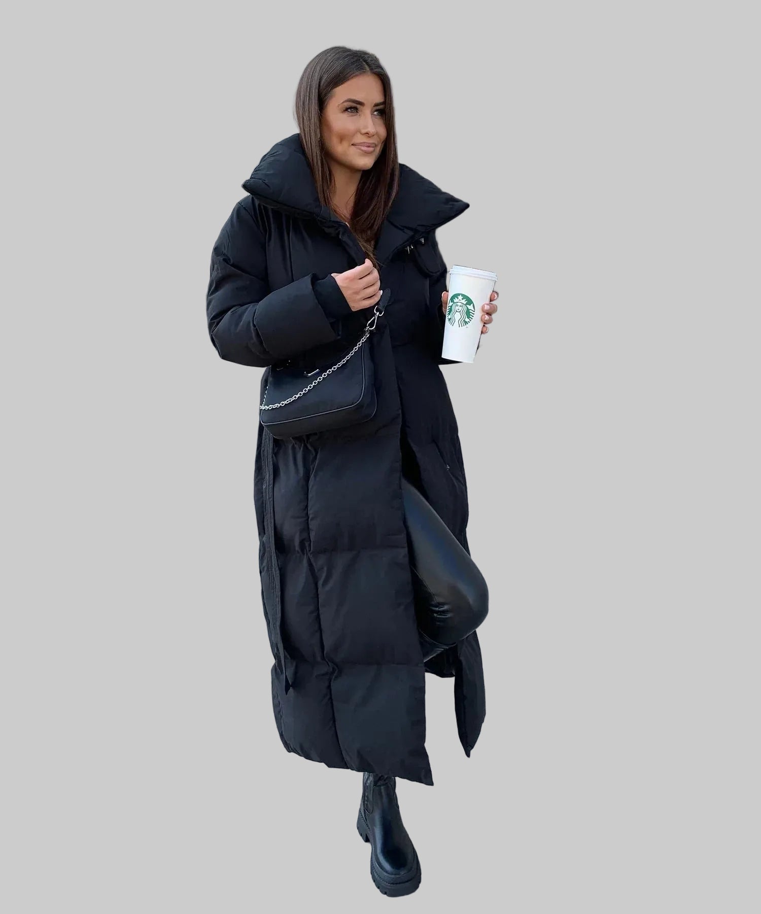 Damski Długi Pikowany Płaszcz Zimowy z Kołnierzem Oversize i Paskiem w Talii