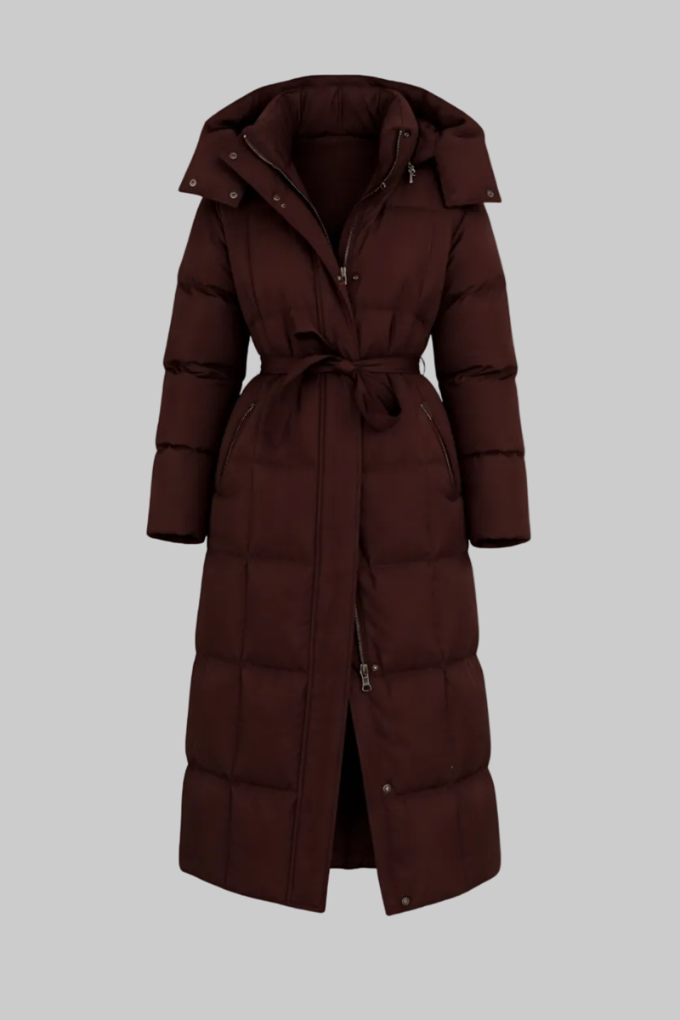 Damski Długi Płaszcz Puchowy z Kapturem Paskiem i Kieszeniami na Zamek