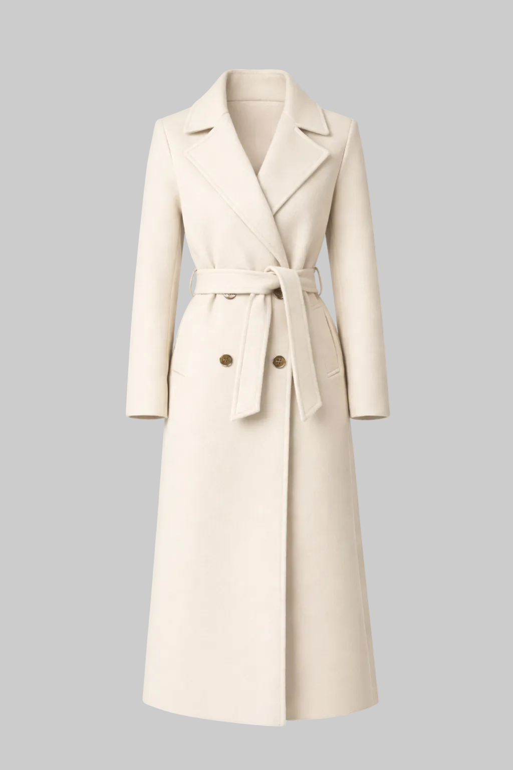 Damski Długi Płaszcz z Dwurzędowym Zapięciem i Szerokim Kołnierzem z Paskiem