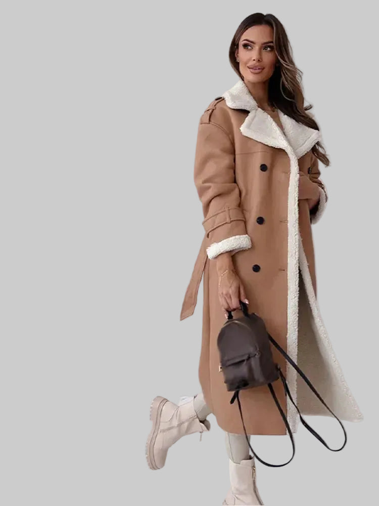 Damski Długi Płaszcz z Futerkowym Kołnierzem i Dwurzędowym Zapięciem na Guziki