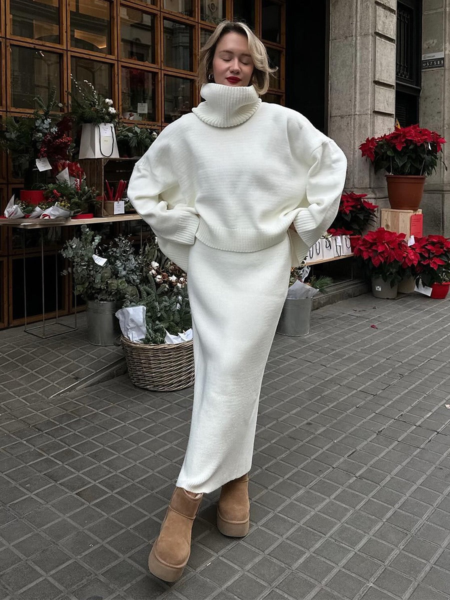 Damski Dwuczęściowy Komplet Dzianinowy z Golfem Długimi Rękawami i Spódnicą Maxi