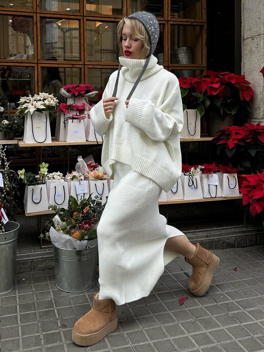 Damski Dwuczęściowy Komplet Dzianinowy z Golfem Długimi Rękawami i Spódnicą Maxi