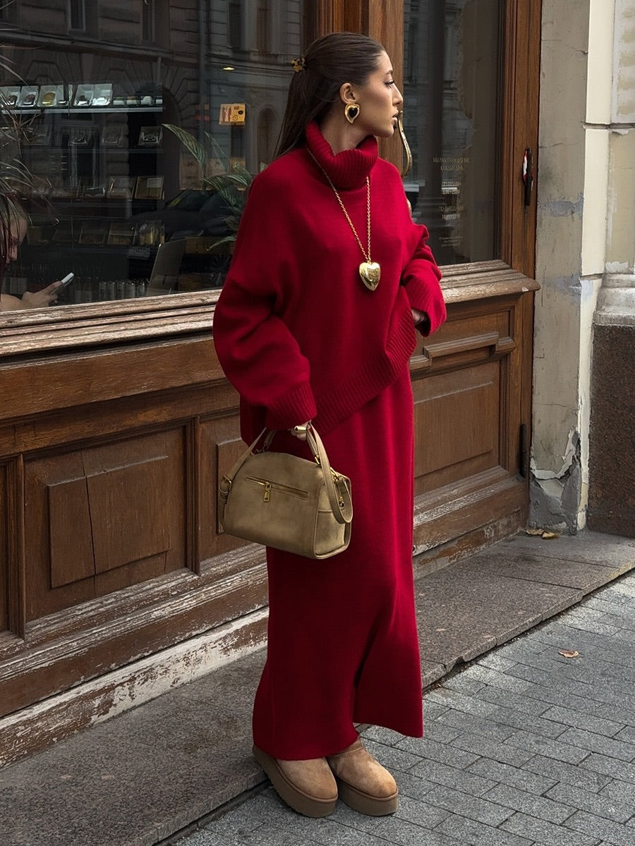 Damski Dwuczęściowy Komplet Dzianinowy z Golfem Długimi Rękawami i Spódnicą Maxi