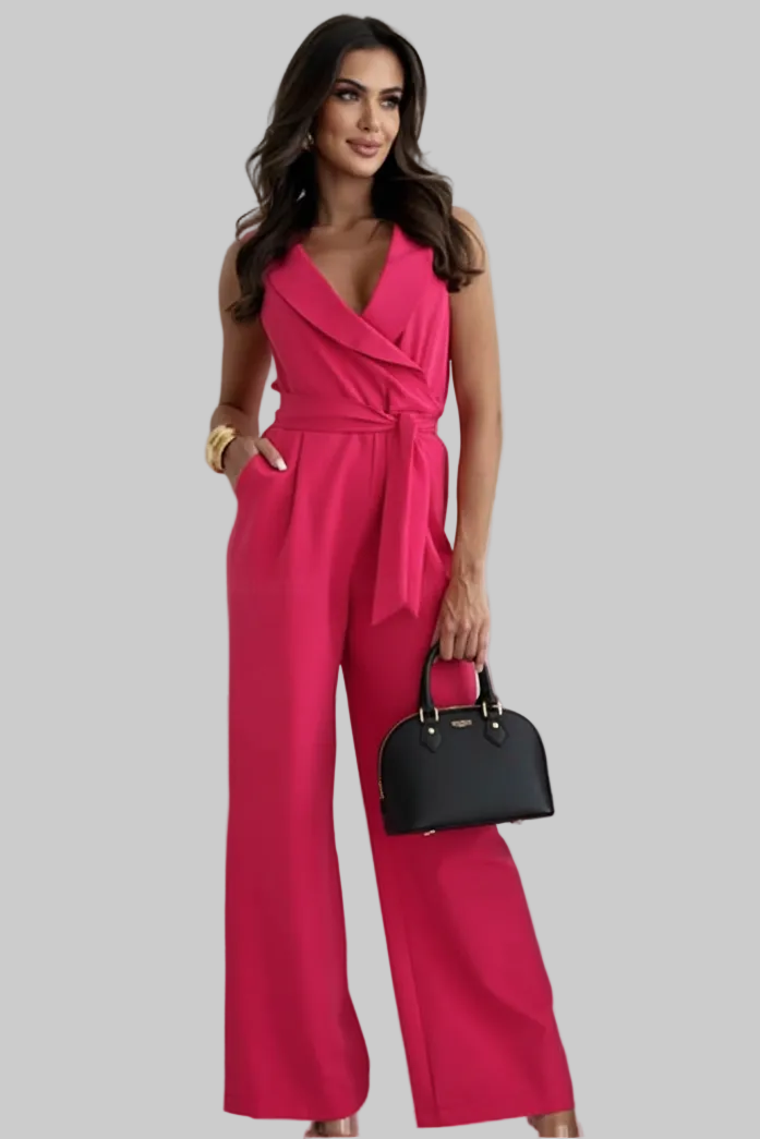 Damski Kombinezon Bez Rękawów z Dekoltem V i Klapami oraz Wiązanym Paskiem i Szerokimi Nogawkami