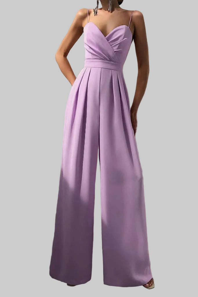 Damski Kombinezon na Cienkich Ramiączkach z Dekoltem Serduszko i Szerokimi Nogawkami