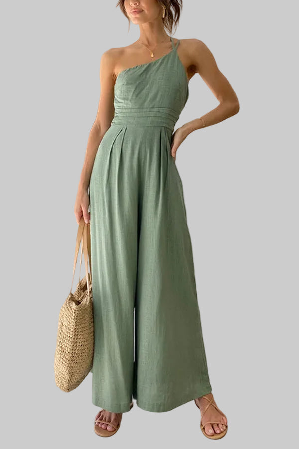 Damski Kombinezon na Jedno Ramię z Wiązanym Ramiączkiem oraz Szerokimi Nogawkami i Marszczeniem w Talii