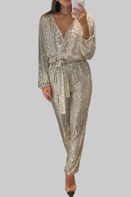 Damski Kombinezon z Cekinami z Długimi Rękawami Głębokim Dekoltem V i Wiązanym Paskiem