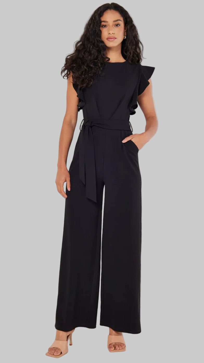 Damski Kombinezon z Krótkimi Rękawami z Falbankami oraz Okrągłym Dekoltem i Wiązanym Paskiem i Szerokimi Nogawkami