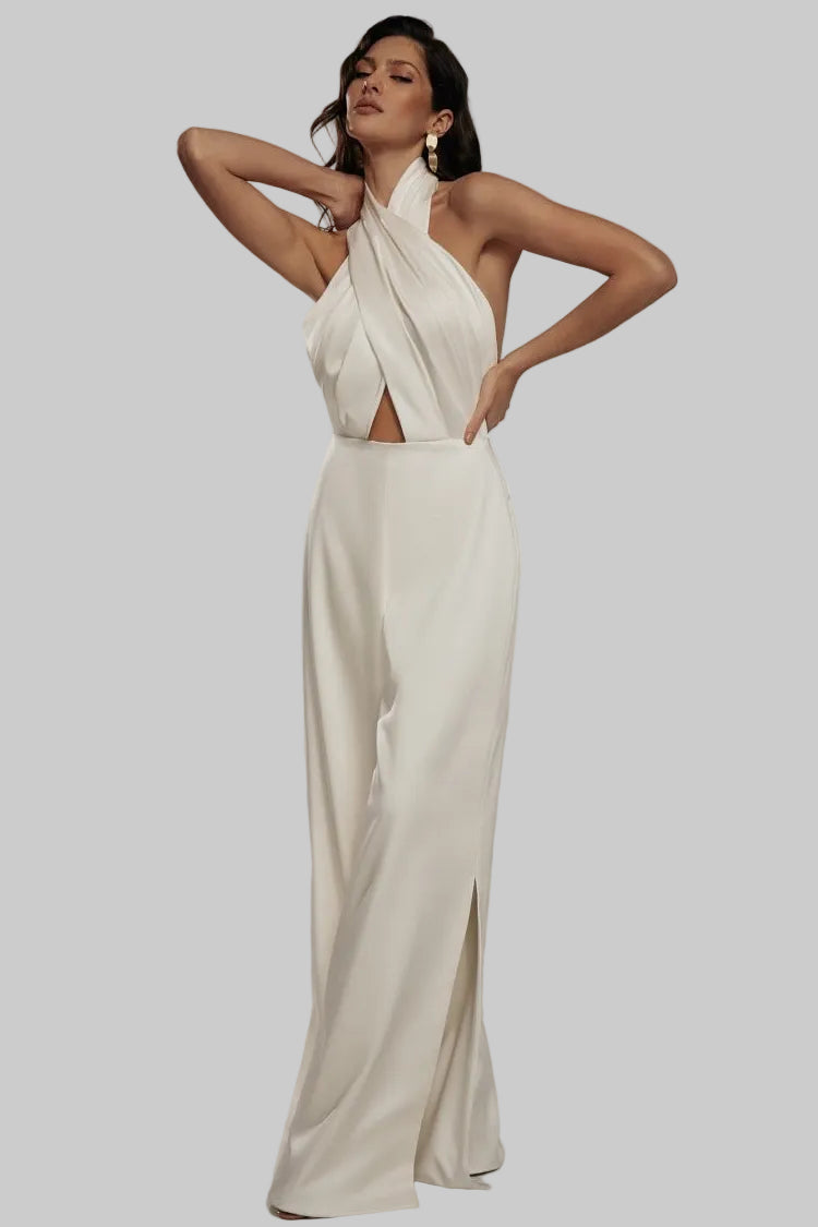 Damski Kombinezon z Wiązaniem na Szyi i Odkrytymi Plecami oraz Wycięciem w Talii i Szerokimi Nogawkami