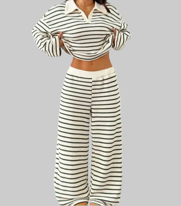 Damski Komplet Dwuczęściowy w Paski z Kołnierzykiem Polo i Szerokimi Nogawkami