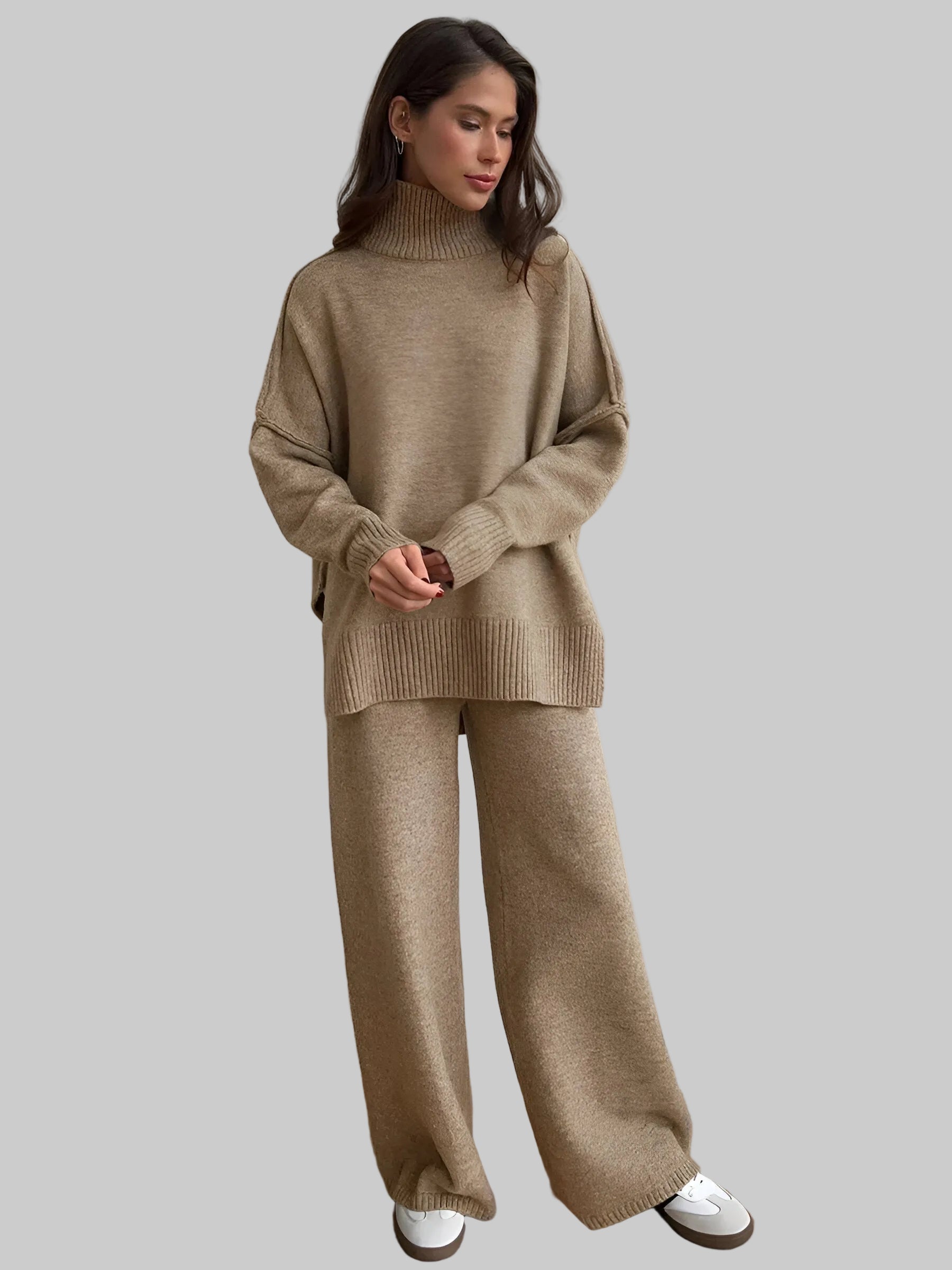 Damski Komplet Dwuczęściowy z Golfem i Szerokimi Nogawkami z Długimi Rękawami