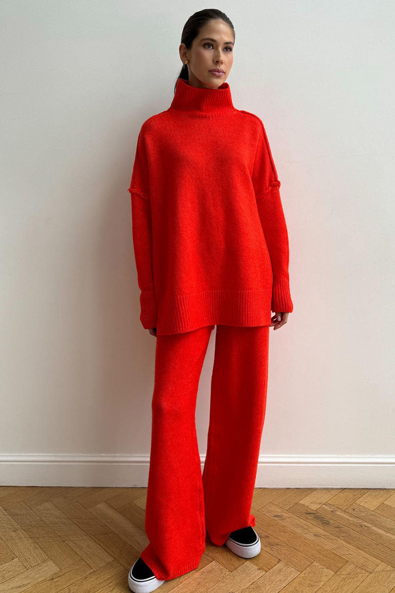 Damski Komplet Dwuczęściowy z Golfem i Szerokimi Nogawkami z Długimi Rękawami