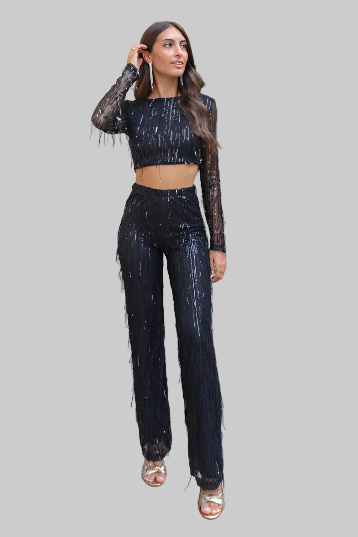 Damski Komplet Dwuczęściowy z Metalicznymi Frędzlami z Długimi Rękawami i Szerokimi Nogawkami