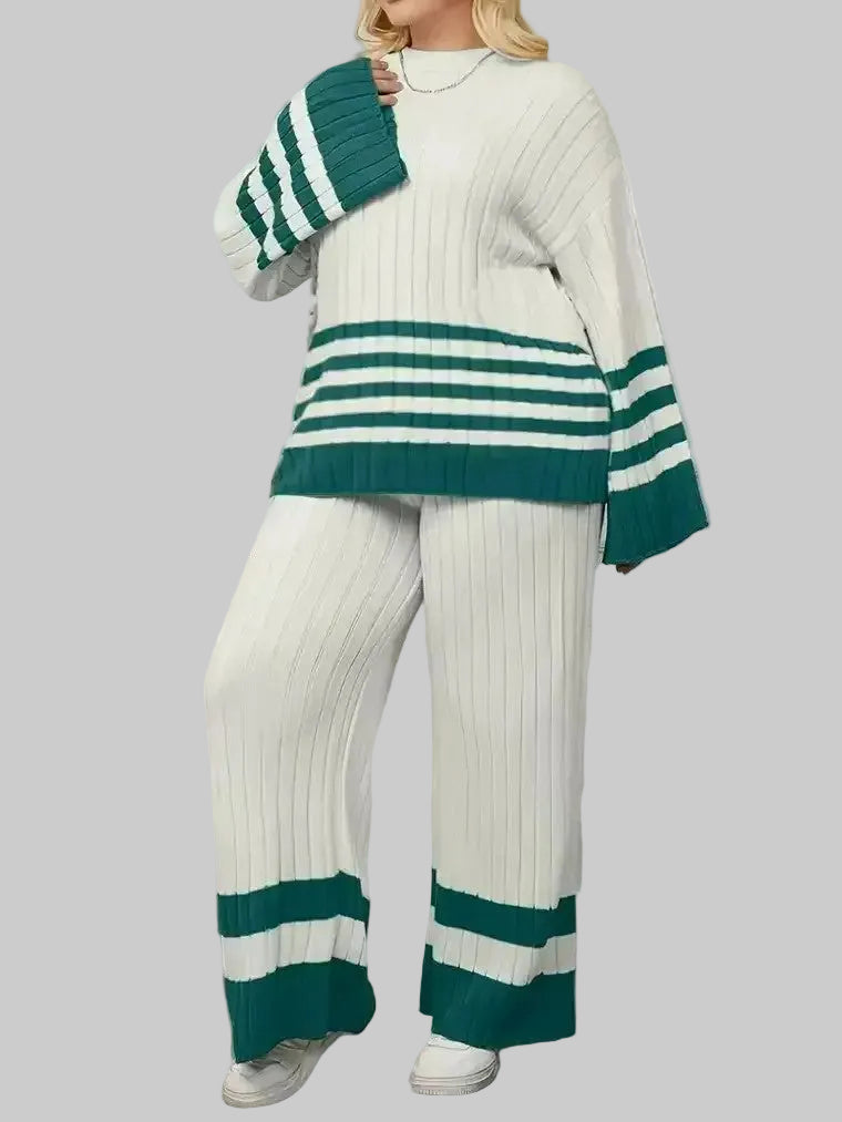 Damski Komplet Dzianinowy w Prążki z Długimi Rękawami i Szerokimi Nogawkami z Paskami