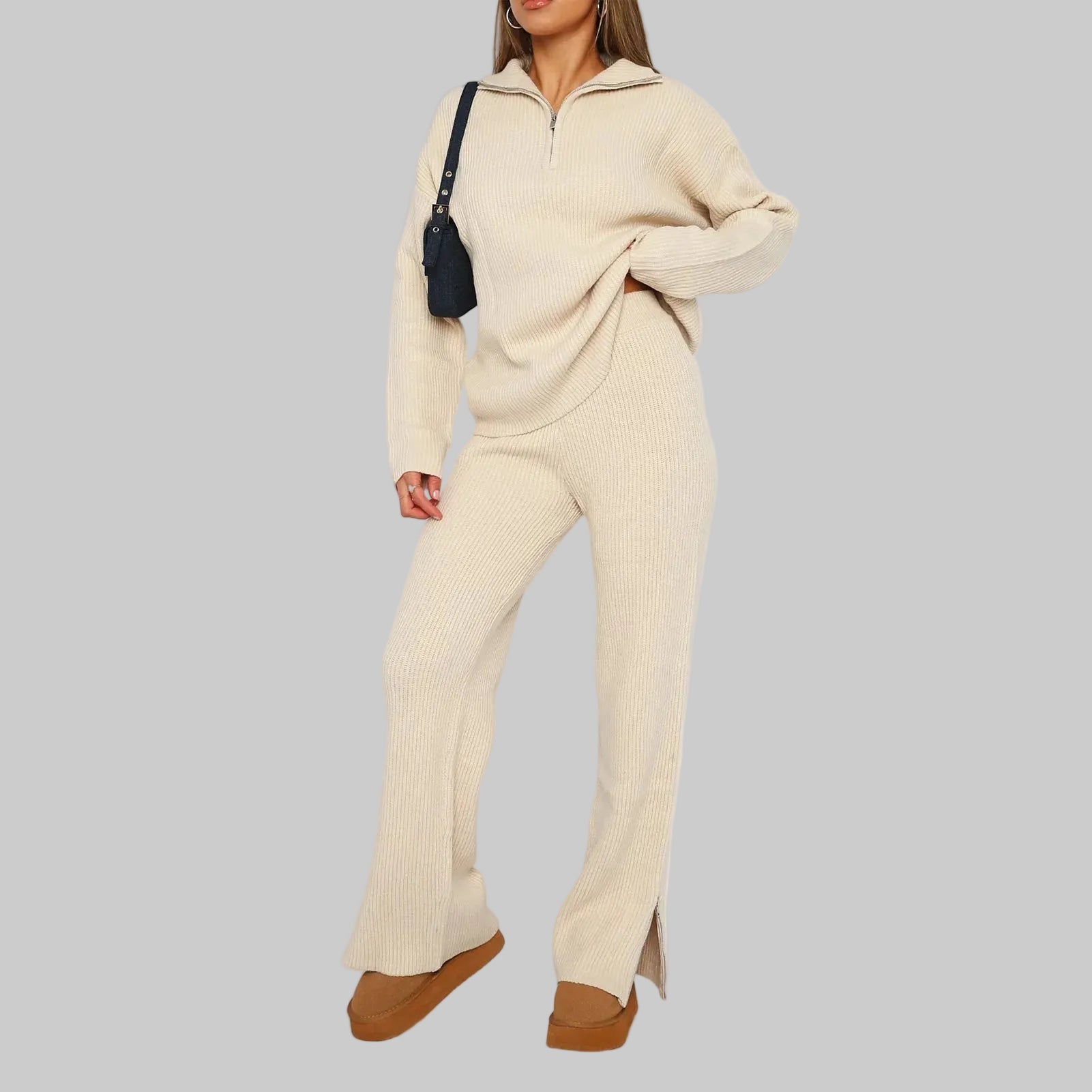 Damski Komplet Dzianinowy w Prążki z Półgolfem na Zamek i Szerokimi Nogawkami