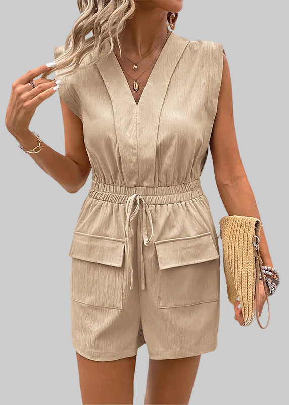Damski Krótki Kombinezon z Dekoltem V Bez Rękawów ze Ściągaczem w Talii i Kieszeniami Cargo